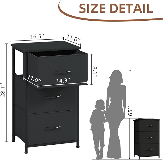 Somdot Dresser for Bedroom with 3 Drawers, Storage Organizer Chest of Drawers with Removable Fabric Bins for Closet Bedside L