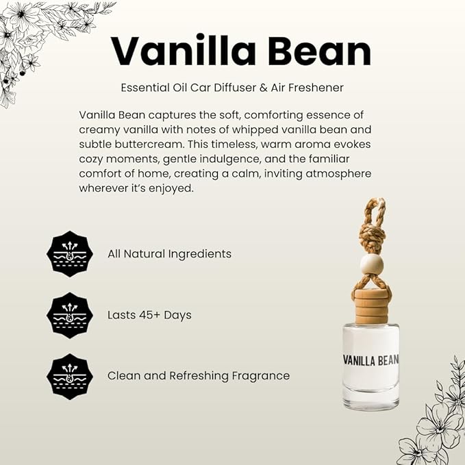 Vanilla Bean Hanging Car Air Freshener – Long Lasting Essential Oil Diffuser for Car, Closet, Bathroom – 2-Pack Natural Scent