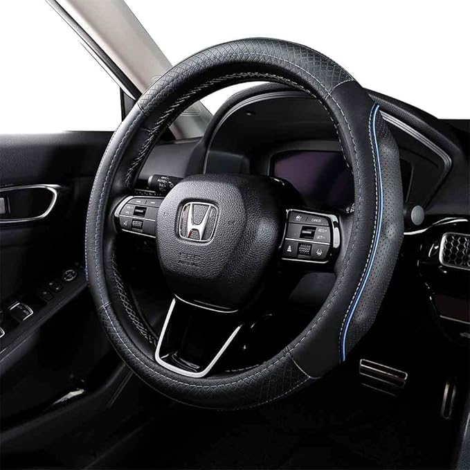 EKR Universal 15 inch Leather Steering Wheel Cover - Genuine Leather, Breathable, Anti Slip & Odor Free (Black with Blue Lines, M(14" 1/2-15" 1/4))