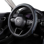 EKR Universal 15 inch Leather Steering Wheel Cover - Genuine Leather, Breathable, Anti Slip & Odor Free (Black with Blue Lines, M(14" 1/2-15" 1/4))