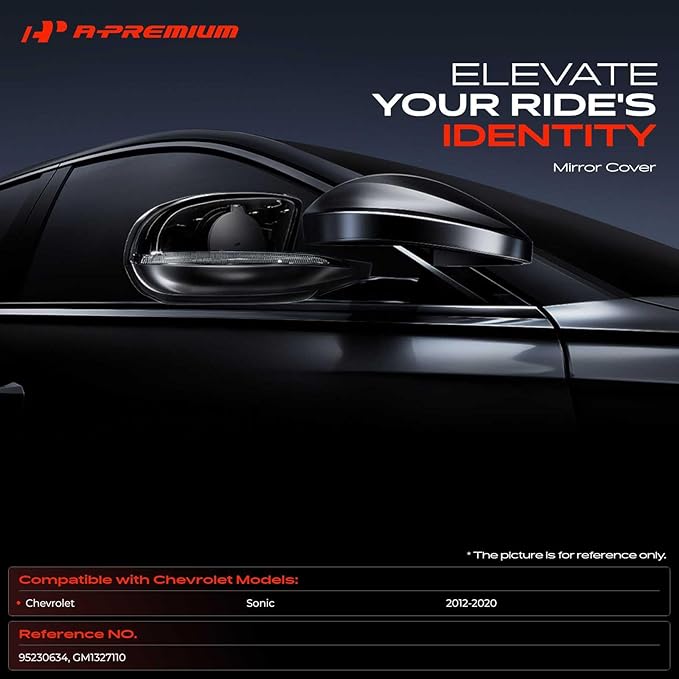 A-Premium Passenger Side Rearview Mirror Cover Cap - Compatible with Chevrolet Sonic 2012-2020 - Smooth Black, Without Turn Signal Hole