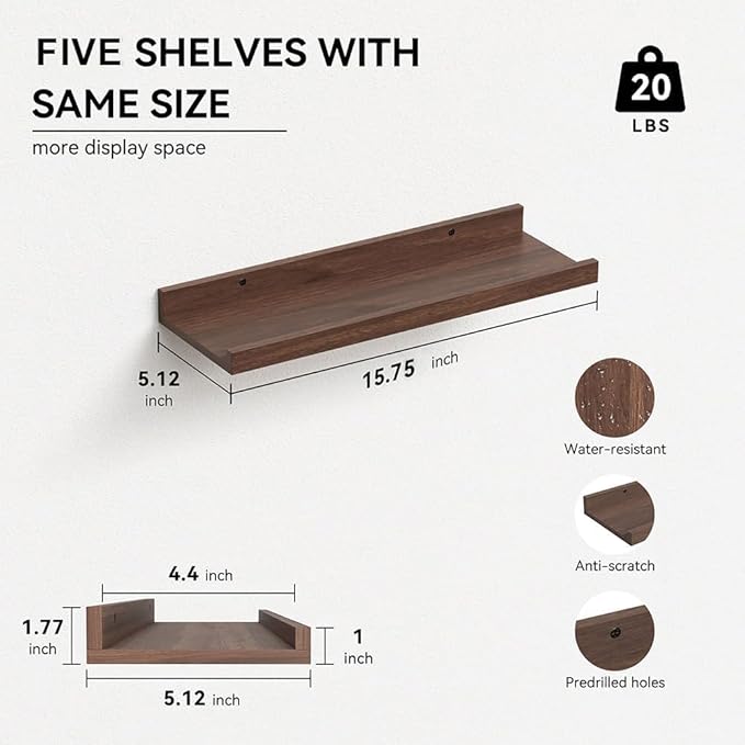 RICHER HOUSE 5 Set Floating Shelves for Wall Decor, Wall Mounted Book Shelf, Nursery Shelves Picture Ledge Shelf with Lip for