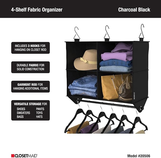 ClosetMaid 4-Shelf Fabric Hanging Closet Organizer with Garment Rod for Shirts, Sweaters, Pants, Hats, Shoes, Purses with Cha