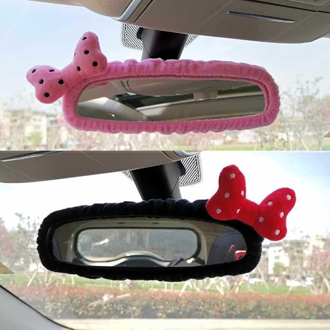 Adorable Teddy Bear Car Mirror Cover Set,Cute Sheep Mirror Accessories, Cartoon Design for Rearview Mirrors, Cozy Interior Auto Accessory (Pink Bow)