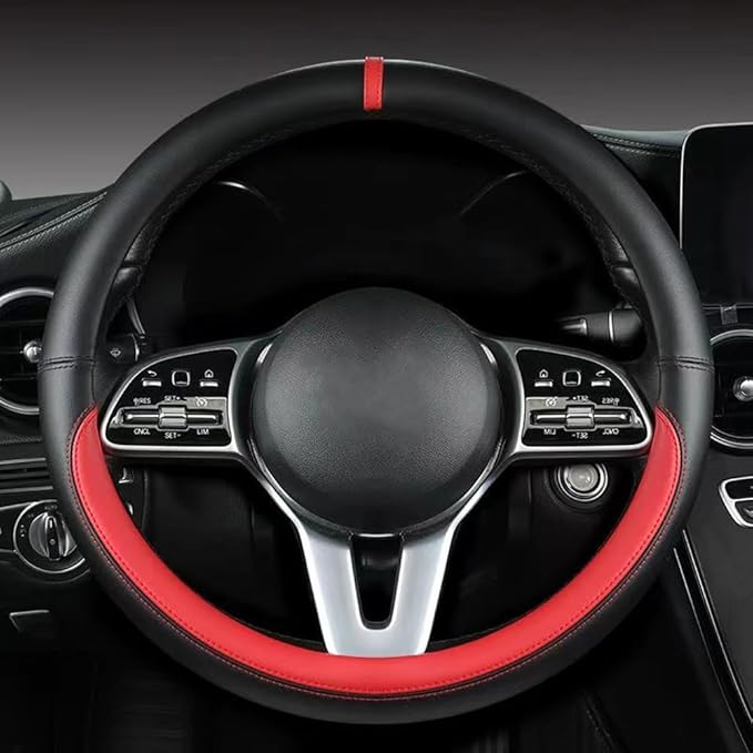 Morandi Color Steering Wheel Cover, Nappa Leather, Fashionable Sporty Style, Universal 15 inches, Black and red