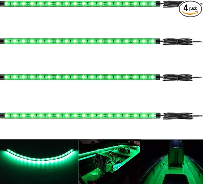 Boat Led Strip Lights, 4 Pcs 24'' Marine Interior Courtesy Deck Navigation Lights, Super Bright Waterproof Marine Led Lights Strip for 12V Pontoon Fishing Boat Yacht Kayak Sailboat (Green)