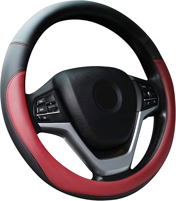 Wine Red Car Steering Wheel Cover, Nappa Leather, Bottom Color Blocking, Universal 14.5-15 Inch Leather Anti-Slip Breathable 