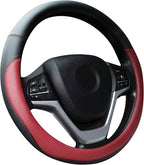 Wine Red Car Steering Wheel Cover, Nappa Leather, Bottom Color Blocking, Universal 14.5-15 Inch Leather Anti-Slip Breathable 