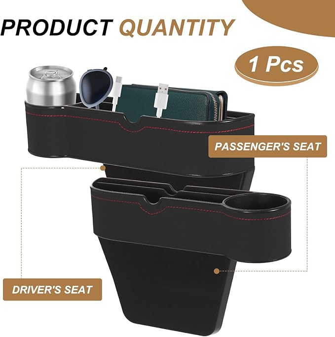 HARFINGTON Car Seat Gap Filler Organizer 10.6 x 7.1 x 2.8 Inch ABS+Leather Universal Car Organizer Storage Box Between Seat and Console (Right) with Cup Holders for Phone Keys, Black