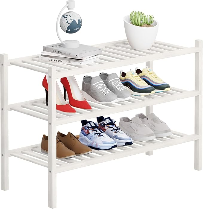 3 Tier Bamboo Shoe Rack Storage Organizer for Closet, Multifunctional Stackable Free Standing Shoe Shelf Organizer for Small 