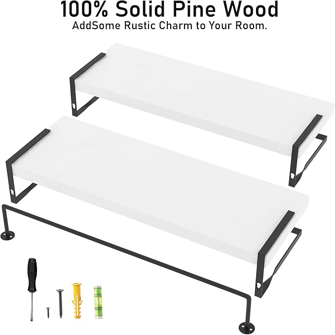 White Wood Floating Shelves Wall Mounted - 2+1 Tier Rustic Bathroom Wall Shelves Over Toilet with Towel Bar, Natural Wood Set
