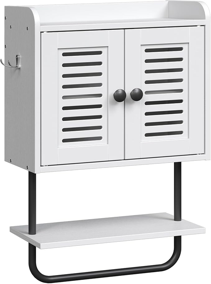 HOOBRO Medicine Cabinet, Double Doors Bathroom Wall Cabinet with Towel Bar, Adjustable Shelf, 2 Hooks, Over The Toilet Storag