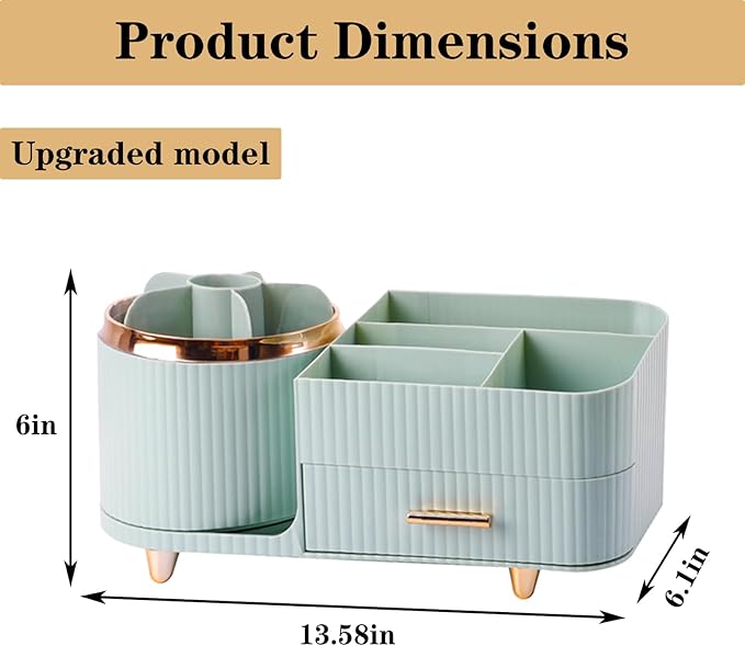 Rotating Makeup Organizer for Vanity with Brush Holder and Drawer, Cosmetic Makeup Storage, Large Spinning Makeup Skincare Or
