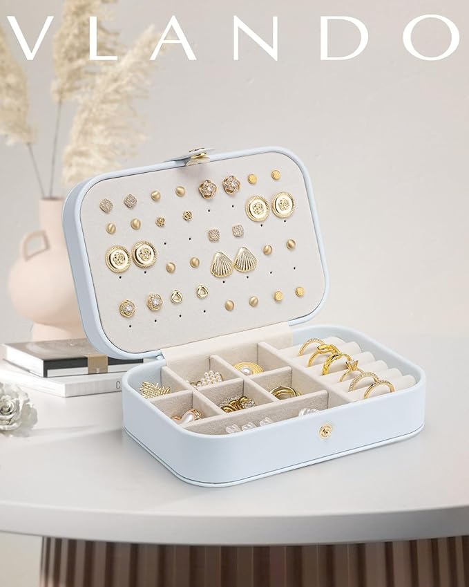 VLANDO Travel Jewelry Case, PU Leather Travel Jewelry Box with Earring Holder, Portable Display Mini Jewelry Case for Mothers