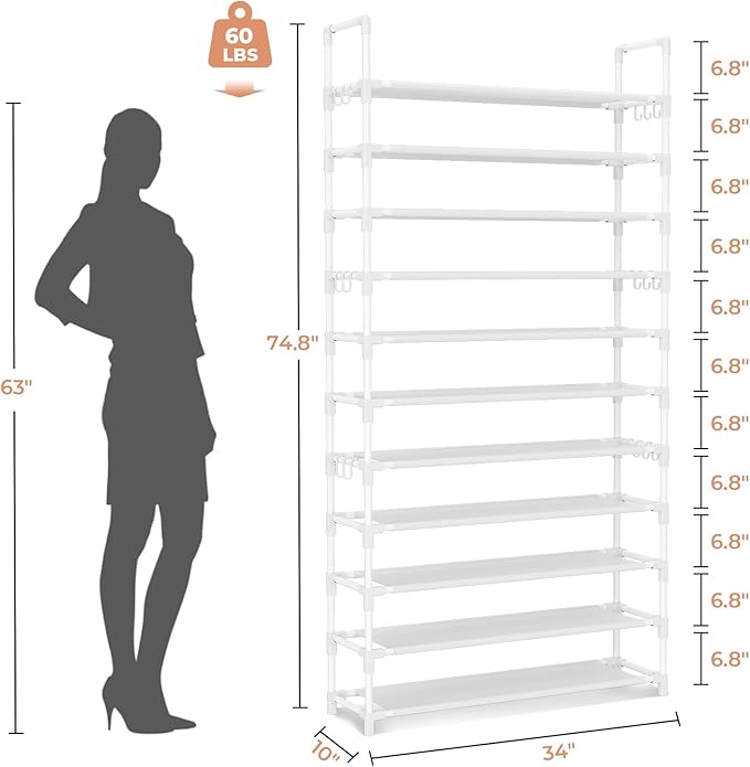 LANTEFUL 11 Tiers Tall Shoe Rack Holds 55 Pairs of Shoes with 18pcs Hooks Sturdy Wide Shoe Organizer Storage Free Standing Me
