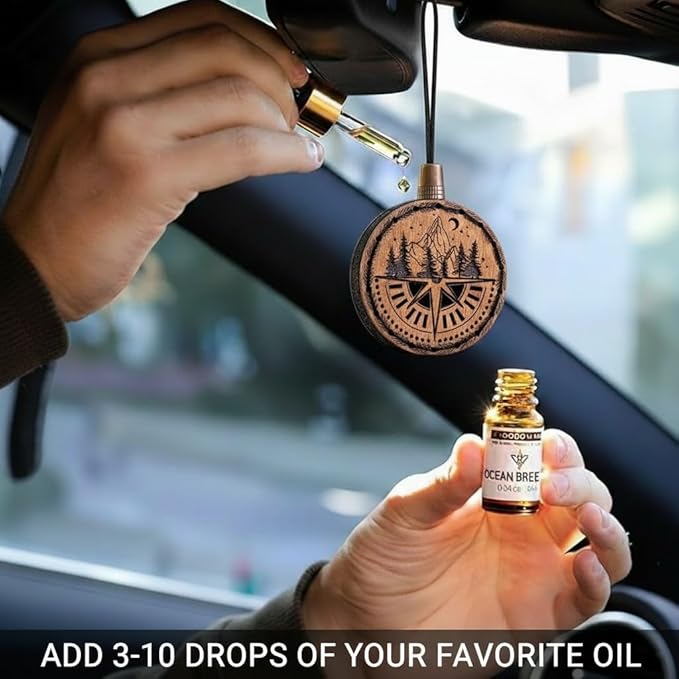 Wood Car Air Freshener — Compass Mountains — Handmade Unscented DIY Essential Oil Hanging Diffuser with Felt Insert — Add You