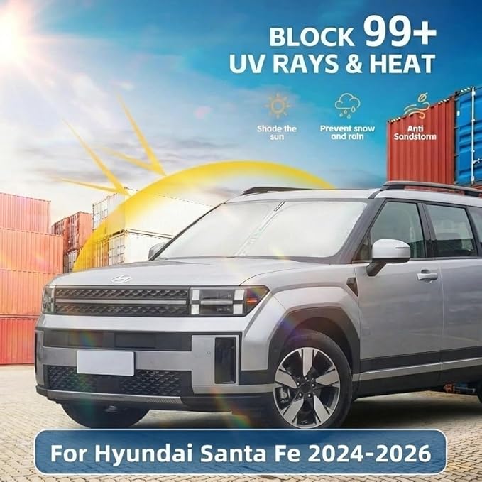 Windshield Sun Shade for Hyundai Santa Fe 2024 2025 2026 Sunshade Front Window Shade Custom Fit Santa Fe Accessories Sun Visor Foldable Shade Blocks UV Rays Accessories