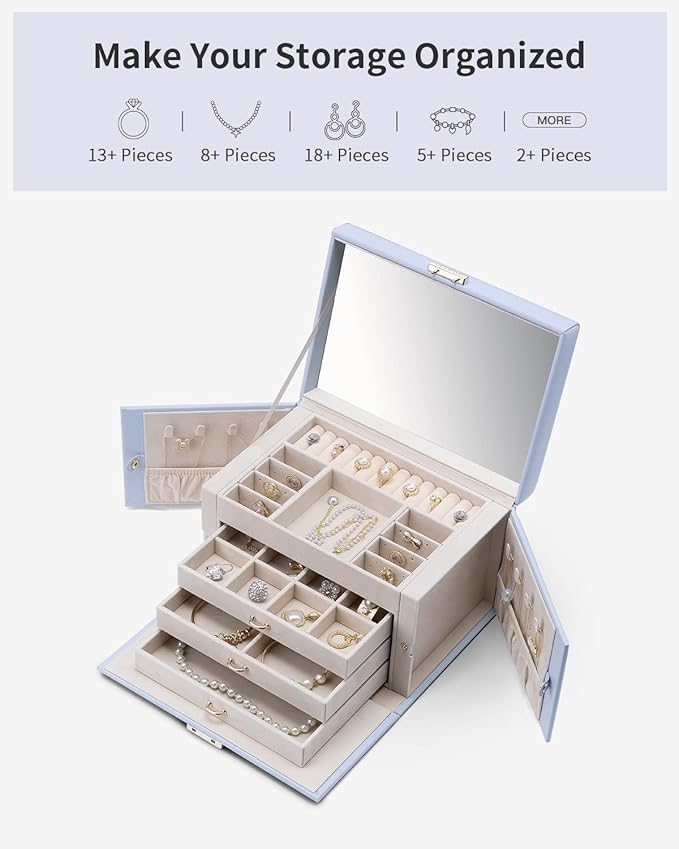 VLANDO Jewelry Box for Girls, 4-Tier Jewelry Organizer with Lock, Mirror Jewelry Box for Earring, Ring, Necklace and Bracelet