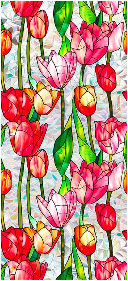 JOONOR Retro Tulip Flowers Window Privacy Film,Stained Glass Decals Colorful Floral Privacy Rainbow Decals Living Room Sun Blocking Decor Removable Static Cling Stickers,16.93 x 39.37 Inch