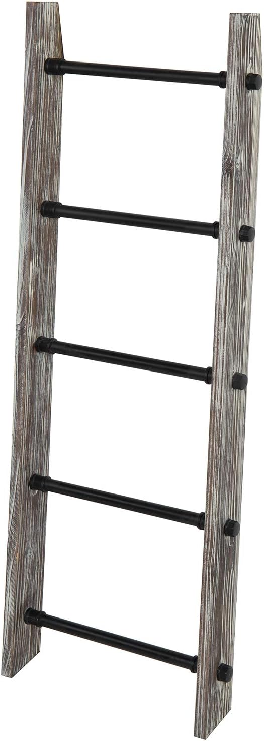 MyGift 4 Ft Torched Wood Farmhouse Blanket Ladder with 5 Matte Black Industrial Pipe Rungs, Wall Leaning Bathroom Towel Ladde