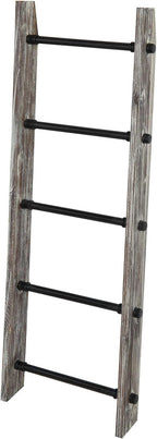 MyGift 4 Ft Torched Wood Farmhouse Blanket Ladder with 5 Matte Black Industrial Pipe Rungs, Wall Leaning Bathroom Towel Ladde