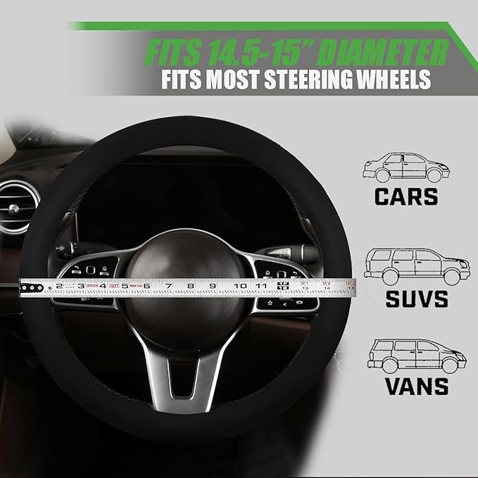 Suede Steering Wheel Cover with Upgraded Silicone Inner Ring, Anti Heat, Breathable, Anti-Slip, Leather Universal 14.5 to 15 