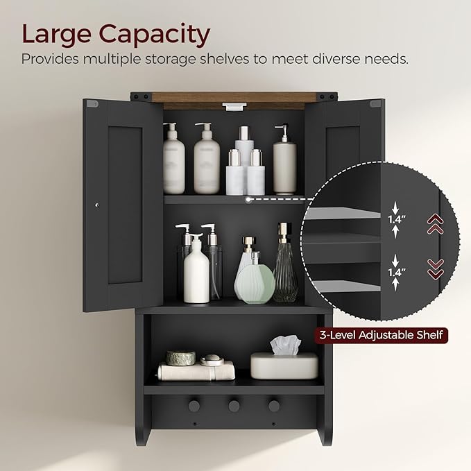 MAHANCRIS Bathroom Wall Cabinet, Farmhouse Medicine Cabinet with Adjustable Shelf, 3-Tier Wall-Mounted Storage Cabinet with 3