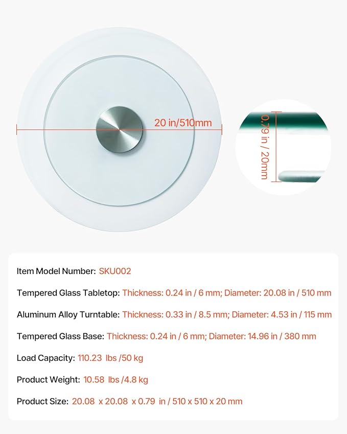 VEVOR 20 in Glass Lazy Susan Turntable, 360° Rotation Round Clear Tabletop Rotating Tray, Tempered Glass Dining Table Centerp