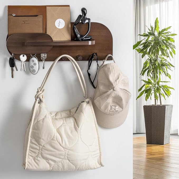 Solid Wood Mail and Key Holder for Wall Decorative Display - Includes Mail Holder, Shelf with Hooks for Keys & Pegs for Hangi