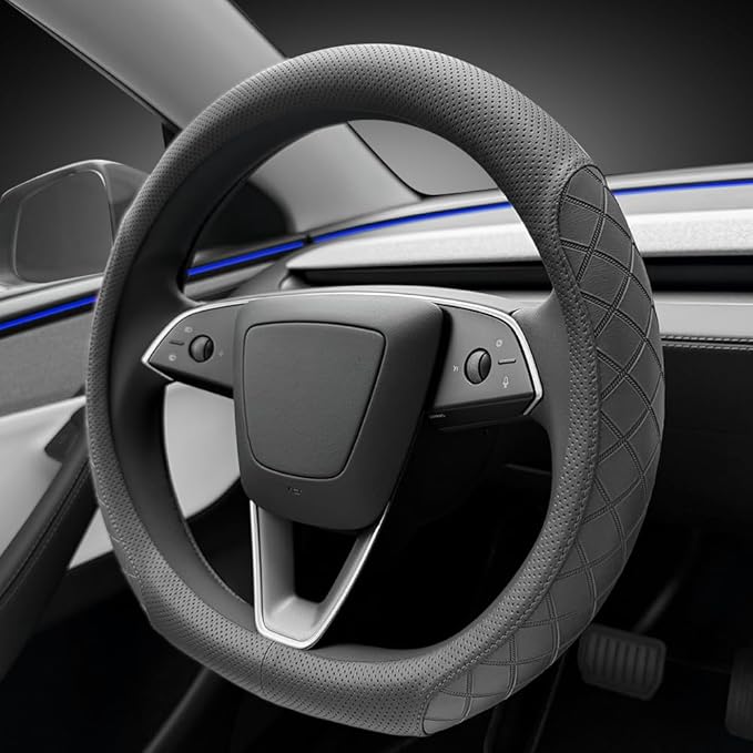 LKWLIKEI Leather Steering Wheel Cover. Elegant Diamond Checkered Design, Non-Slip and Breathable, for Tesla Model 3/Y Steerin
