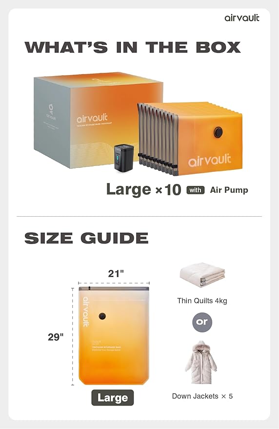 AirVault Vacuum Storage Bags for Travel & Home - Space Saver Compression Packing Bags Set for Clothes, Blankets & Seasonal St