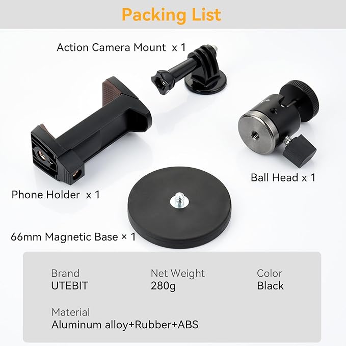 UTEBIT 66mm Magnetic Camera Mount 1/4 Thread, Gopro Magnet Car Screw Mount Set Black