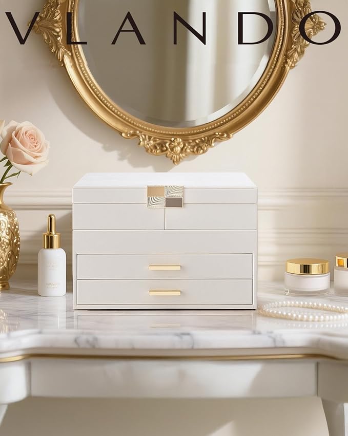 Vlando 4 Layers Jewelry Box - Women Jewelry Box with Retractable Tray - Jewelry Organizer with Drawer for Necklaces, Rings, B