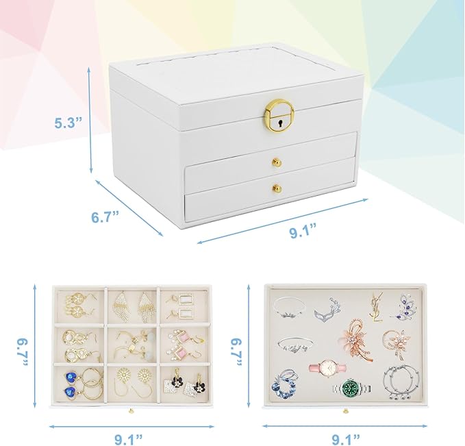 KOOAAICCHI Jewelry Box for Women, 3-Layer Jewelry Organizer, Jewelry Storage Case PU Leather for Earrings, Bracelets, Ring, N
