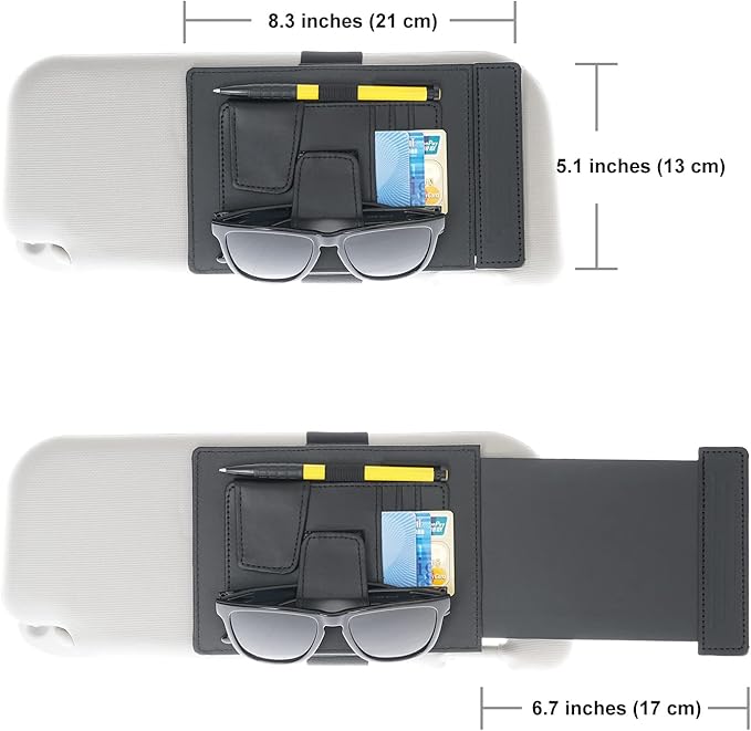TFY Car Sun Visor Extender and Organizer, Universal Sunshade Anti-Glare, Vehicle Storage Holder for Sunglasses, Pens and Cards, Multi-Pocket Auto Interior Accessories - 1 Piece (Black)