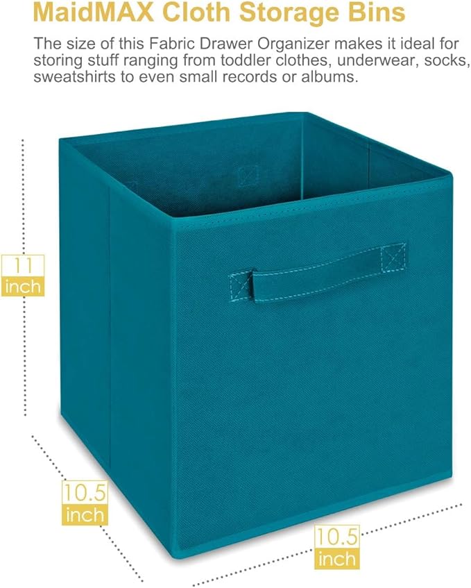 MaidMAX Cloth Storage Bins, Set of 6 Foldable Collapsible Fabric Cubes Organizers Basket with Dual Handles, Teal
