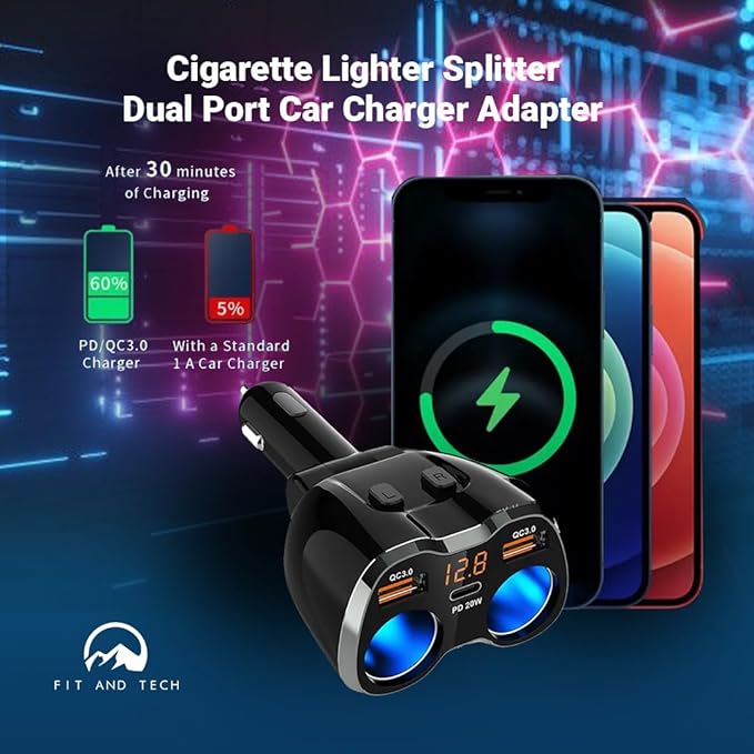 USB Car Charger Pro Combo 2 Sockets Cigarette Lighter Splitter 12/24V 80W Dual USB Type-C Ports Separate Switch LED Voltage Display Built-in Replaceable 10A Fuse Compatible Mobile Phone GPS Dash Cam