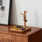 Solid Beech Wood Key Tray and Bowl for Entryway Table - Smooth Polished Branch-Shaped Organizer With Hooks for Keys, Wallet, 