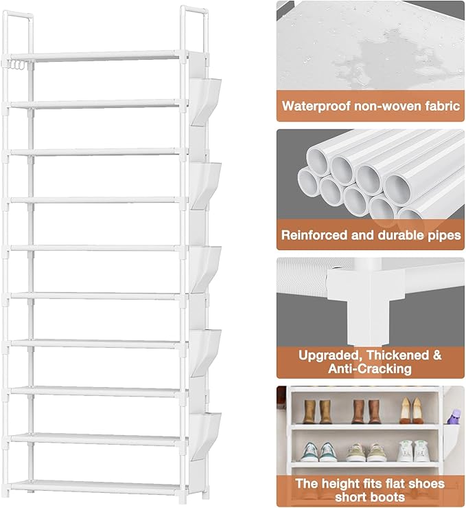 LUKYTOWER Tall Shoe Rack 10 Tier Shoe Racks Organizer for Closet 30-35Pairs,Large Capacity Storage Rack for Shoes with 5Hooks