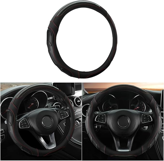 Leather Steering Wheel Cover, Auto Car Stretch Steering Wheel Protector, Universal 15 Inch Anti-Slip Breathable Odorless Stee