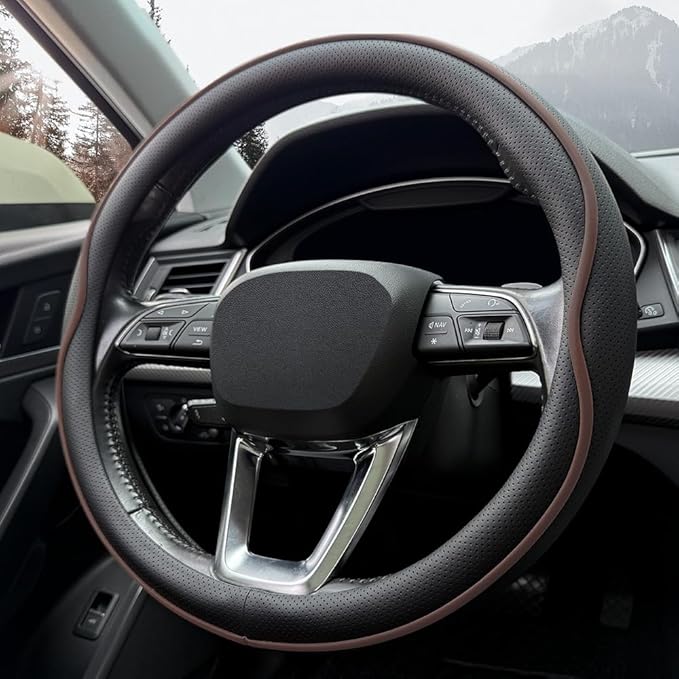 HAOTULE Leather Steering Wheel Cover， with Anti-Slip Stripe Design - Enhanced Grip, Fashion Style, Safe, Non-Slip, Breathable
