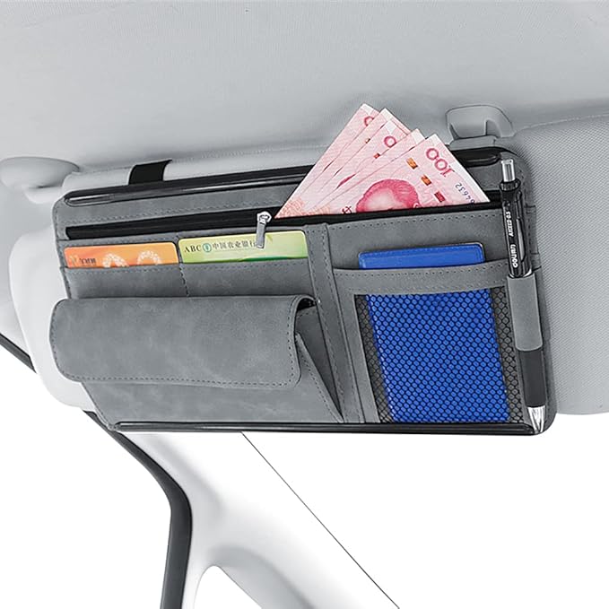 Car Sun Visor Organizer Auto Interior Accessories Storage Pocket Organizer with Multi-Pocket Net Zipper Pouch Sunglass Holder for Car Truck SUV Case Bag for Card License Registration