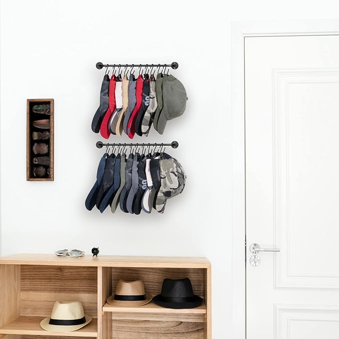 Mkono Hat Rack for Wall Baseball Cap Organizer Hanger with 20 Hooks Modern Metal Hat Holder Wall-Mounted Caps Display for Clo