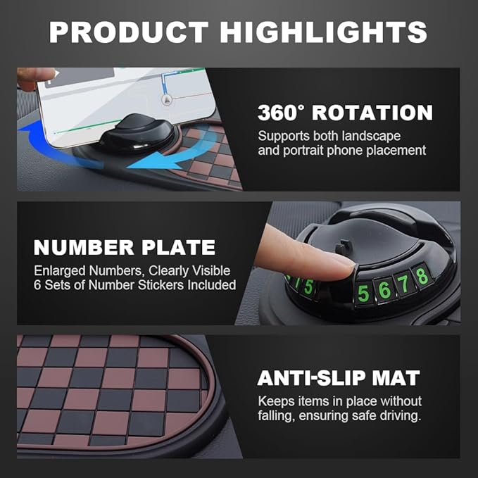 Multifunction Car Anti Slip Mat, Mobile Phone Bracket Anti-Slip Mat, Car Dashboard Mat with Temporary Parking Number, Large U
