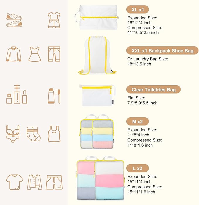 PFEYRPK Lightweight Compression Packing Cubes for Suitcases, Compressible Expandable Travel Packing Organizer with Clear Toil
