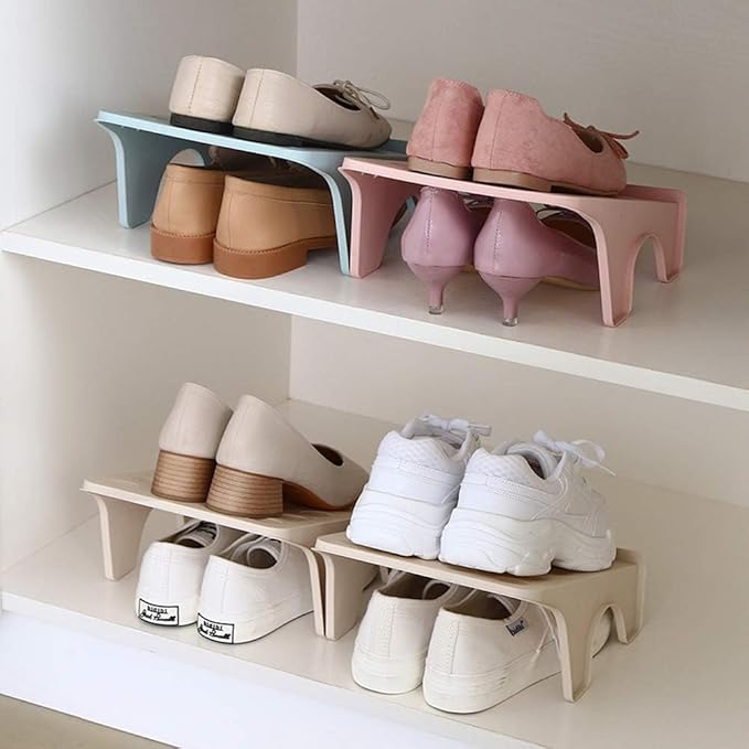 4 Pcs Stacking Shoe Organizer for Shelf 10 x 8.7 in – Double Layer Space Saving Shoe Dividers for Shelves – Footwear Riser fo