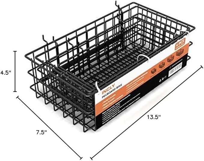 INCLY 4 Pack Pegboard Baskets Bins Set, 4 Size Square Style Black Metal Wire Basket for Any Peg Board Organizing Tools, Pegbo