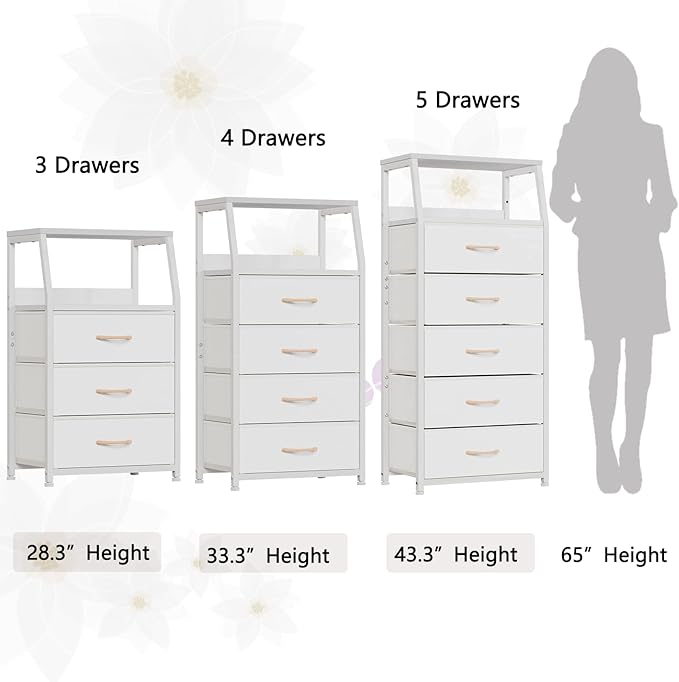 Furnulem White Nightstand with 3 Drawers and 2-Tier Shelf, Small Night Stand End Table Side Furniture, Fabric Storage Organiz