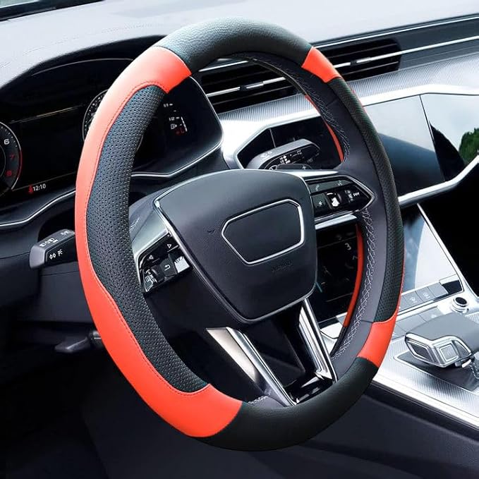 Xizopucy Orange Steering Wheel Cover Microfiber Leather Sporty Car Accessories for Men and Women,Breathable Non-Slip Universa