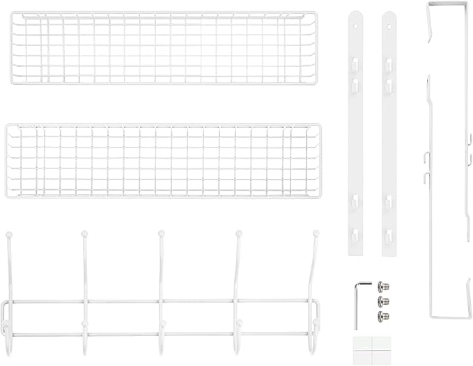 Over The Door Hanger Organizer with 2 Mesh Baskets & 5 Towel Hooks, Detachable Behind The Door Storage Towel Rack for Coats, 